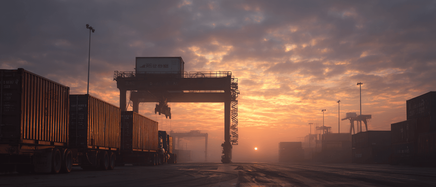Shipping containers and gantry crane silhouetted against dawn sky at freight loading dock